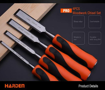 طقم إزميل خشبي برتقالي بمقبض أسود، 4 قطع